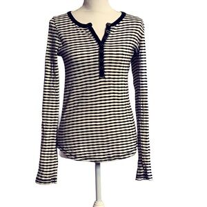 Lucky Brand Long Sleeve Black & White Striped Henley Tee Women’s Size L